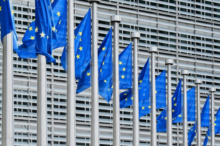 European flags in front of Berlaymont